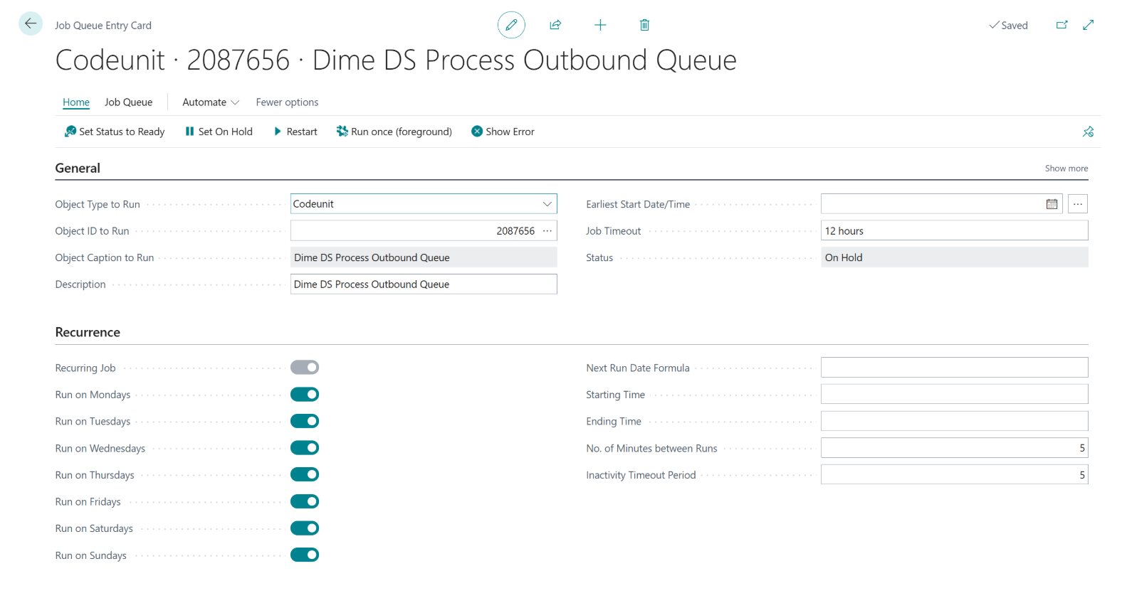 The job queue entry card for codeunit 2087656, Dime DS Process Outbound Queue