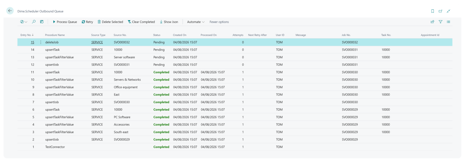 The Dime.Scheduler Outbound Queue list, showing pending and completed entries