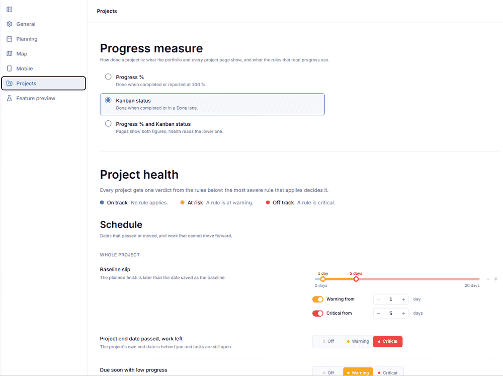 The Projects tab of application setup