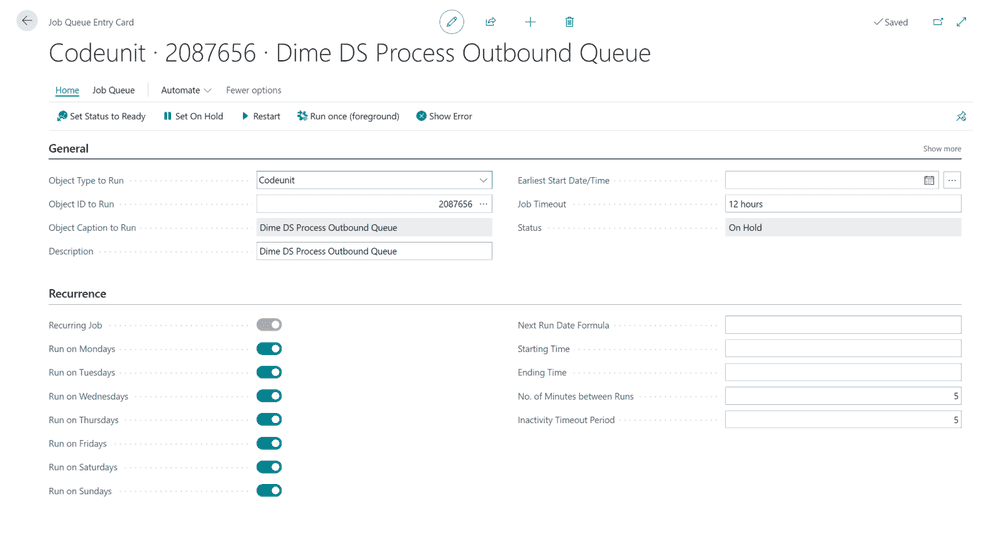 The job queue entry card for codeunit 2087656, Dime DS Process Outbound Queue