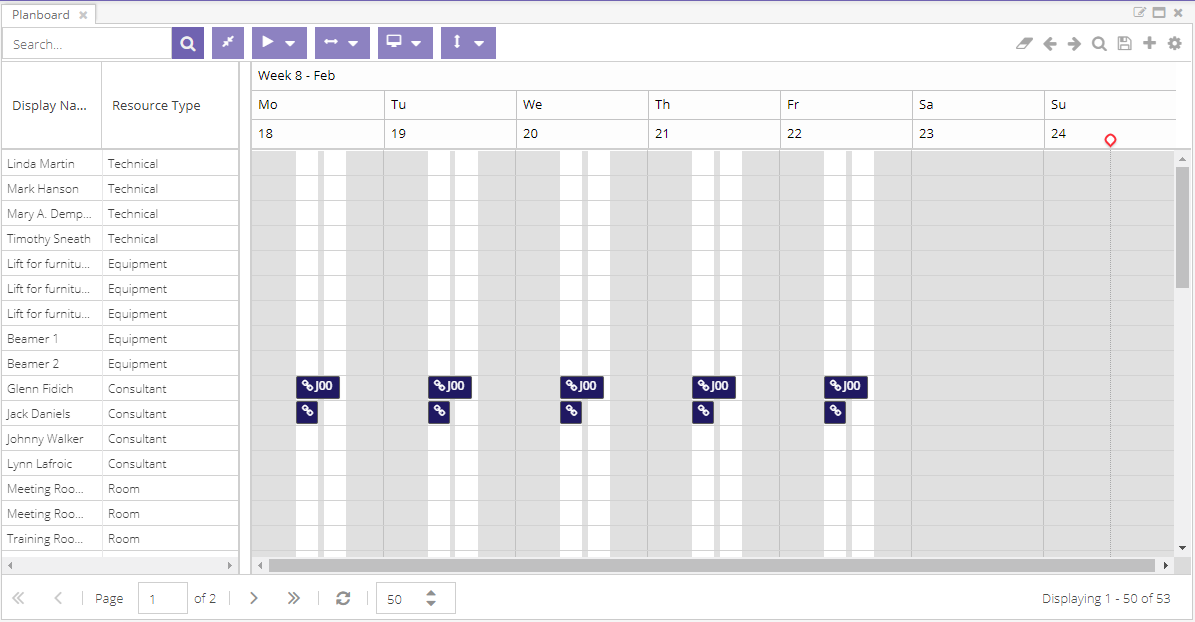 The planning board, with its top bar, resource grid, scheduling grid and bottom bar