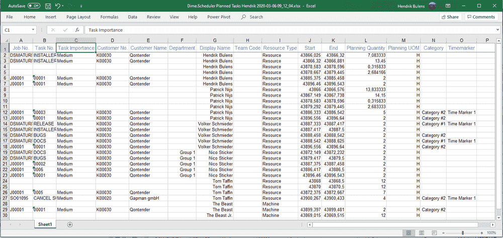 Excel export